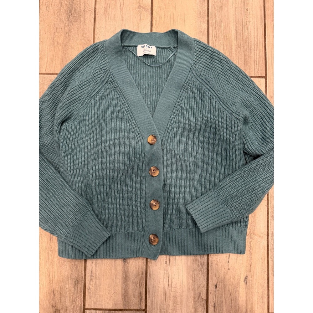 Old Navy Womens Teal Blue Shaker Stitch Button Front V-Neck Cardigan Sweater M
